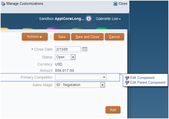 ページ・コンポーザの「選択」モードのコンポーネントの編集メニュー