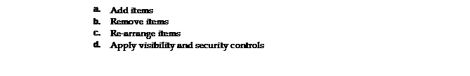 Text Box: a. 	Add items 
b. 	Remove items 
c. 	Re-arrange items 
d. 	Apply visibility and security controls 
