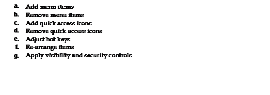 Text Box: a. 	Add menu items 
b. 	Remove menu items 
c. 	Add quick access icons 
d. 	Remove quick access icons 
e. 	Adjust hot keys 
f. 	Re-arrange items 
g. 	Apply visibility and security controls 
