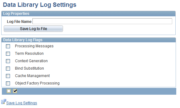 Data Library Log Settings page