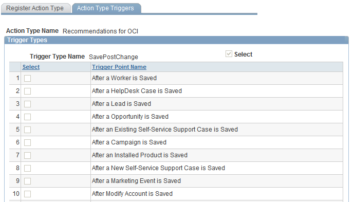 Action Type Triggers page
