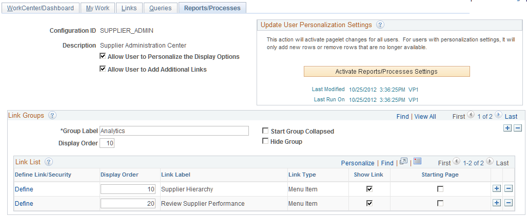 Configure Pagelets â€“ Reports/Processes page