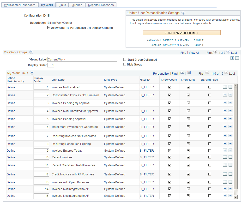 Configure Pagelets â€“ My Work