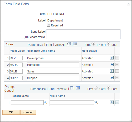 Form Field Edits page example for a code field