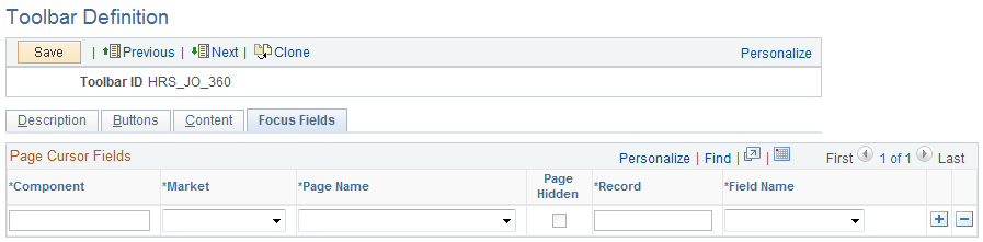 Toolbar Definition - Focus Fields page