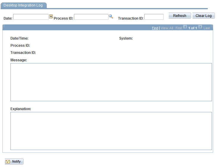 Desktop Integration Log page