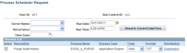 Process Scheduler Request page showing Purge Audit History in the process list