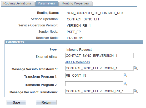Routing Parameters page for asynchronous one-way service operation