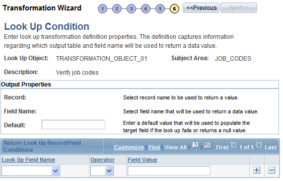 Transformation Wizard - Look Up Condition page