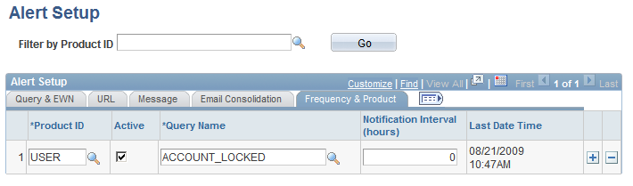 Alert Setup: Frequency &amp; Product page