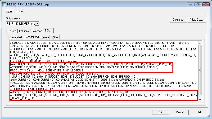 Modifying the SQL query in the DRS_PS_F_KK_LEDGER source stage