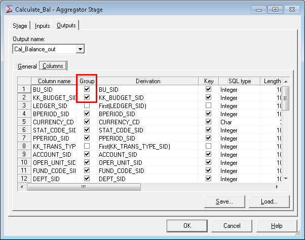 Specifying key columen grouping in the Calculate_Bal Aggregator stage