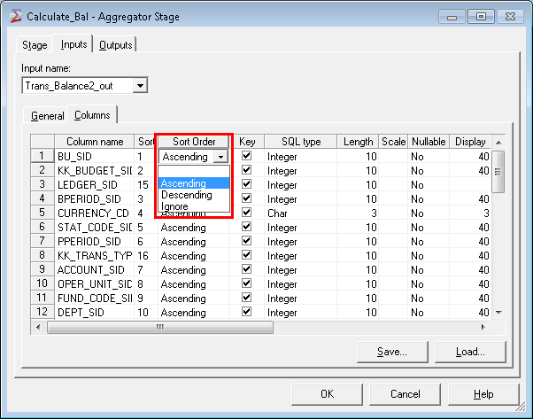Specifying sort order in the Calculate_Bal Aggregator stage