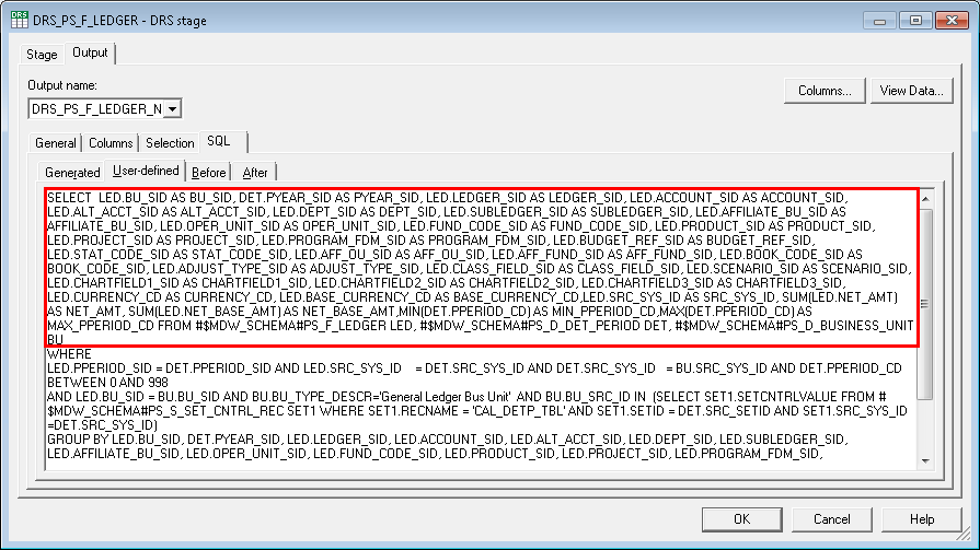 Modifying the SQL query in the DRS_PS_F_LEDGER source stage