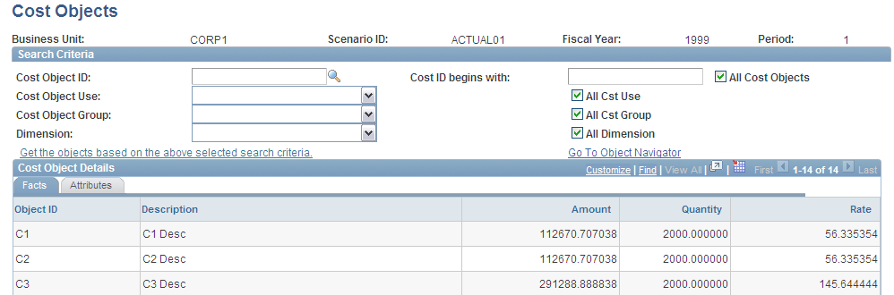 Cost Objects page