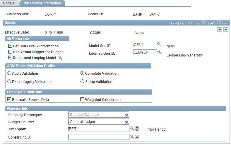 Run Control Information page