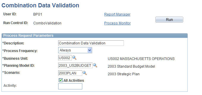 Combination Data Validation page