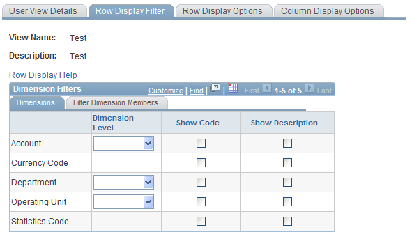 Row Display Filter page