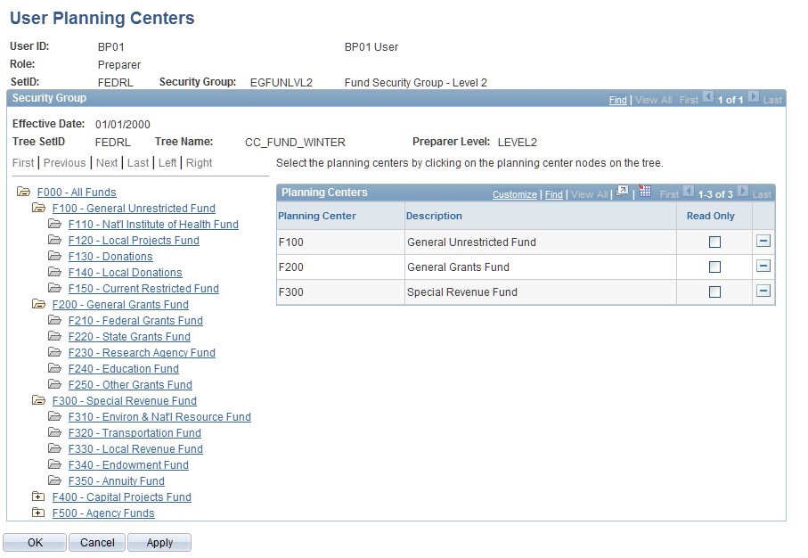 User Planning Centers page