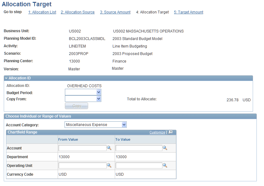 Allocation Target page