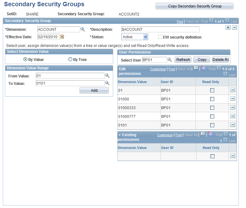 Secondary Security Groups page - Select Dimension Value by Value