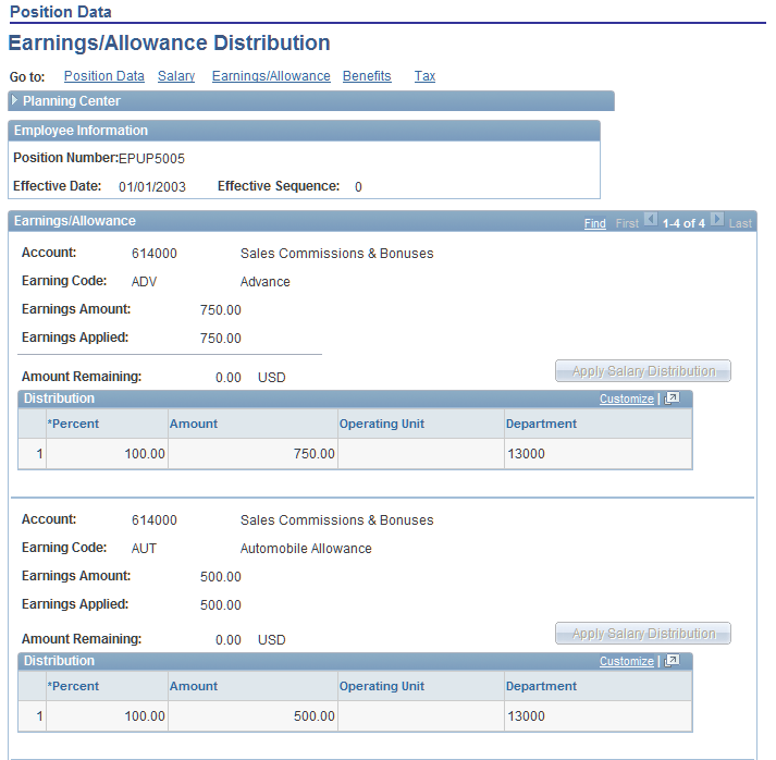 Position Data - Earnings/Allowance Distribution page (1 of 2)