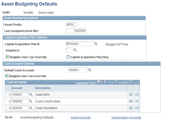 Asset Budgeting Defaults page