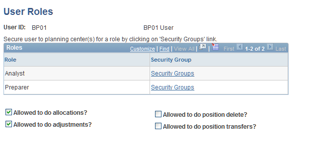 User Roles page