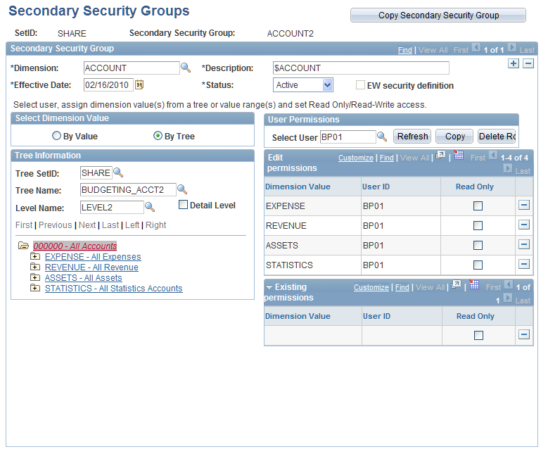Secondary Security Groups page - Select Dimension Value by Tree