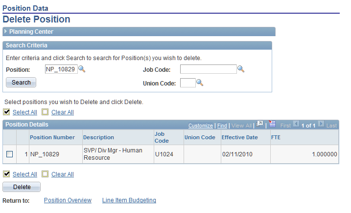 Position Data - Delete Position page
