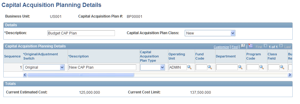 Capital Acquisition Planning Details page