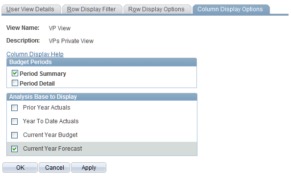 Column Display Options page