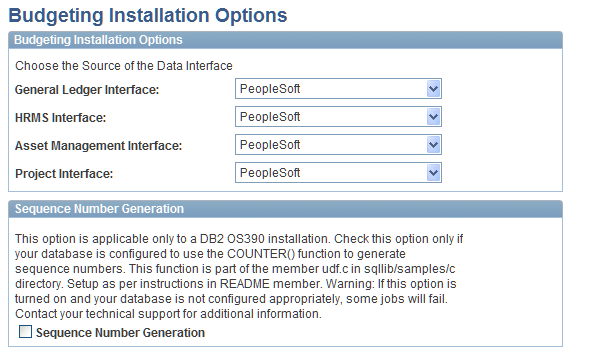 Budgeting Installation Options page