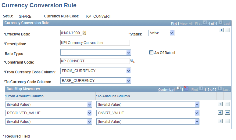 Currency Conversion Rule page (PF_MC_RULE_DFN1), displaying the KPI currency conversion rule
