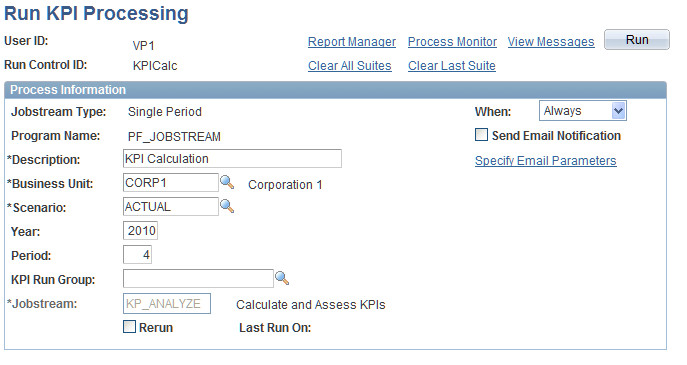Run KPI Processing page