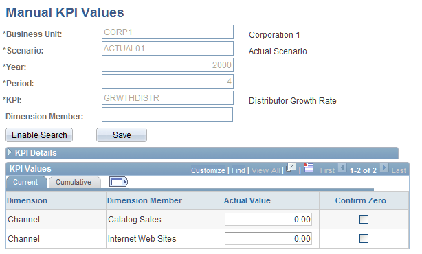 Manual KPI Values page