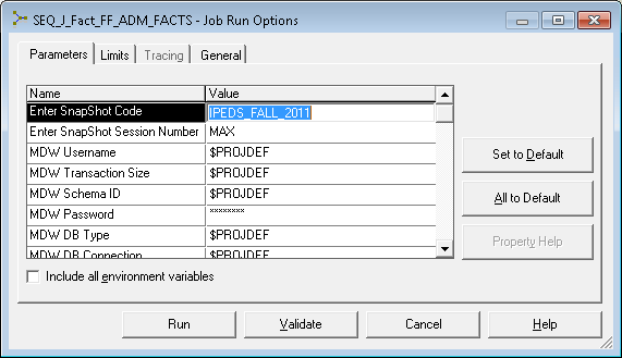 Job Run Options window for loading final MDW tables