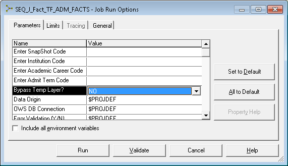 Job Run Options window for loading temporary or final MDW tables