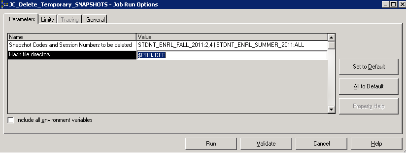 Job Run Options window for deleting temporary tables