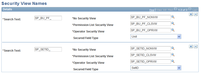 Security View Names page