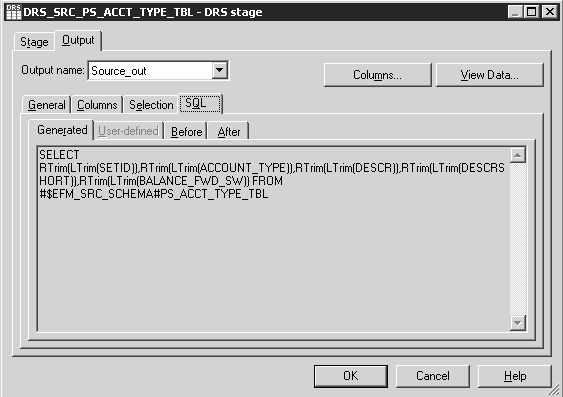 DRS Stage Output Window - SQL Tab
