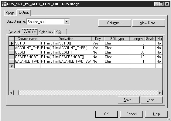 DRS Stage Output Window - Columns Tab