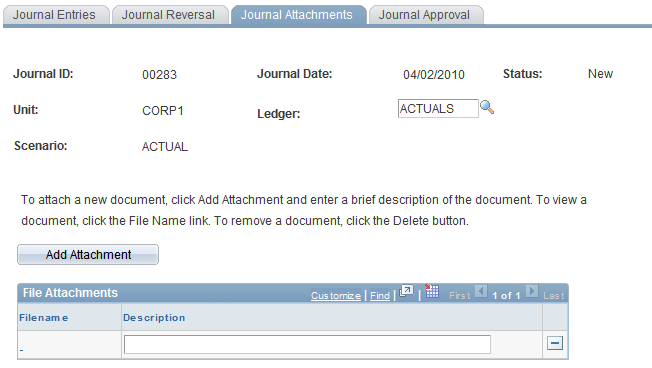 Journal Attachments page