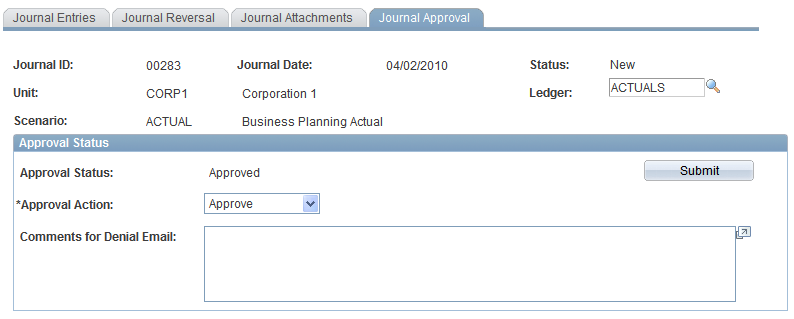 Journal Approval page