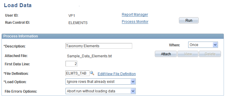 Load Data run control page