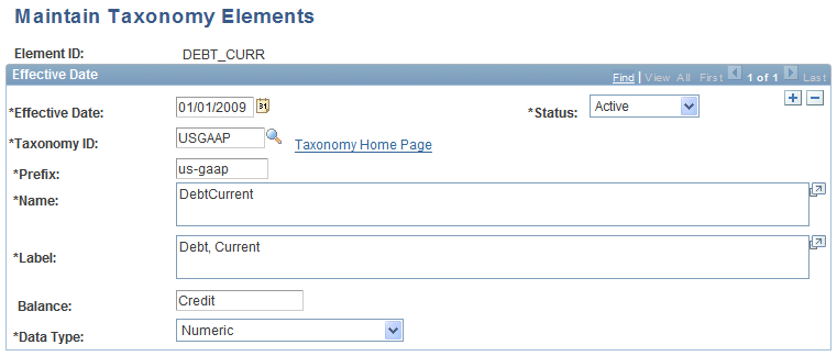 Maintain Taxonomy Elements page