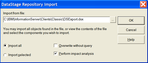 DataStage Repository Import Window