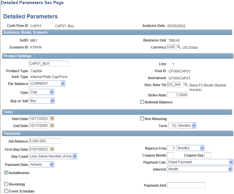 Detailed Parameters page (1 of 2)