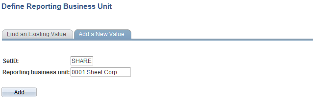 Define Reporting Business Unit search page