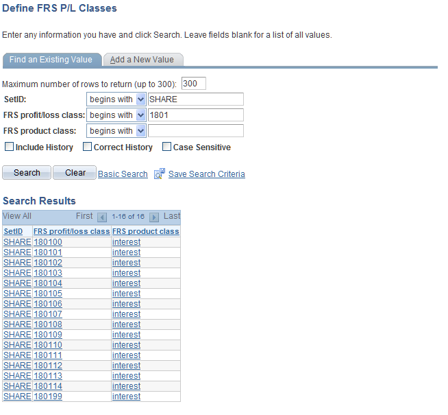 Define FRS P/L Classes search page